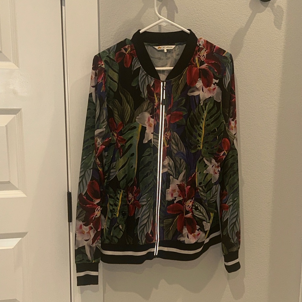 EUC Women’s C&C California Brand Tropical Floral Bomber Jacket Size L Large